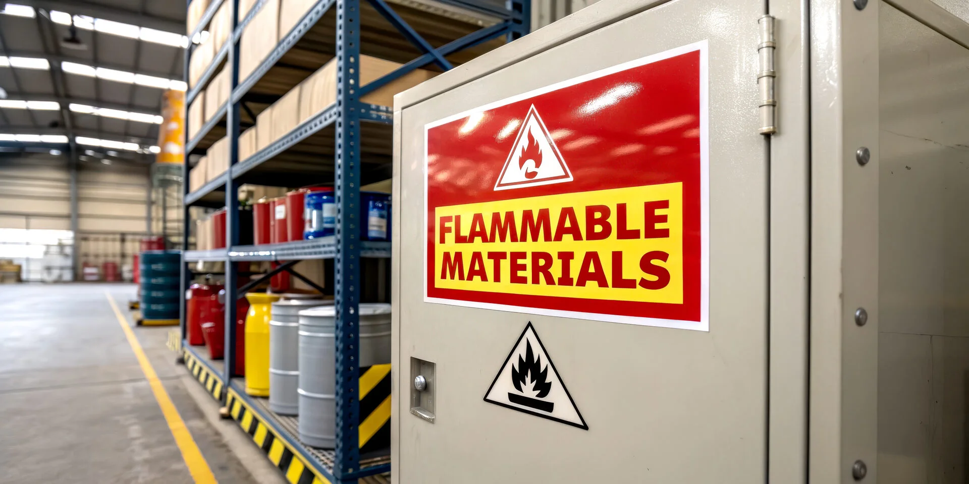 A storage area featuring a metal cabinet labeled "Flammable Materials," surrounded by colorful containers, emphasizing safety in handling hazardous substances.