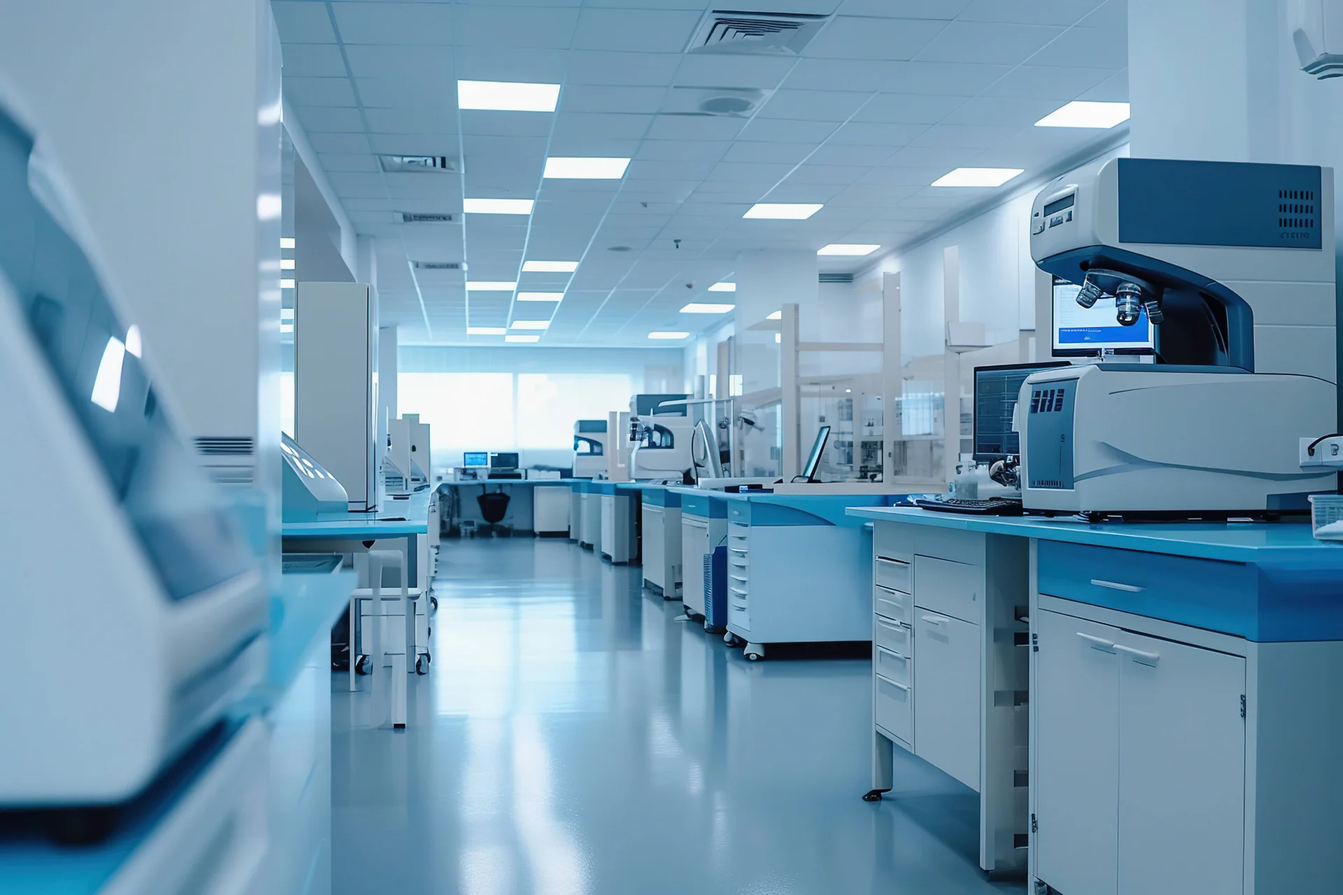 High tech medical lab with advanced analytical equipment, diagnostic machinery offices
